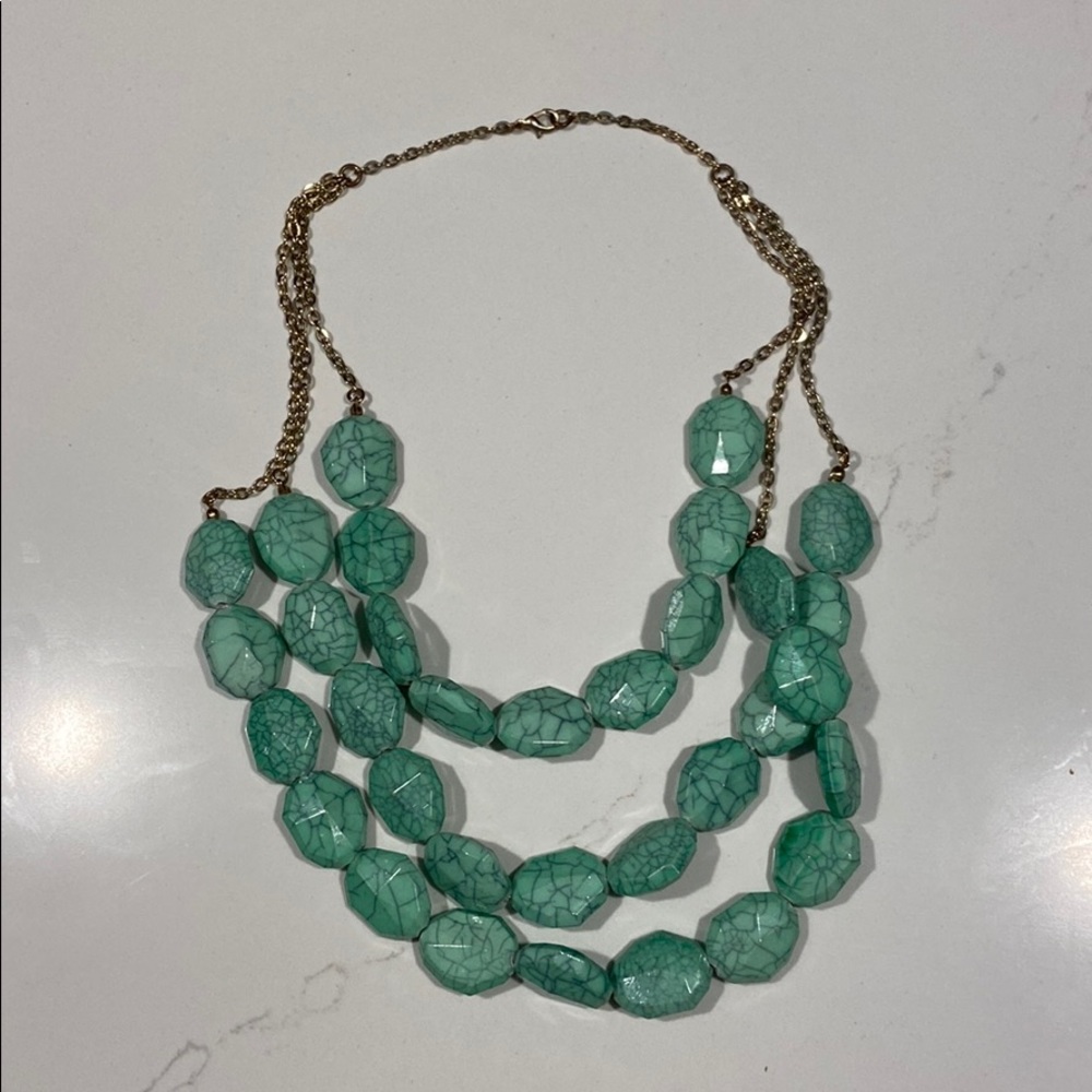 Three row layered turquoise chunky stone necklace.